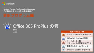 Office 365 ProPlus の管
理
System Center Configuration Manager
この秋おさえておきたい最新機能!
更新プログラム編
更新プログラム編
クライアントのピアキャッシュ
Office 365 ProPlus の管理
サードパーティ製
ソフトウェアの更新プログラム
高速インストール ファイル
Windows LEDBAT のサポート
 