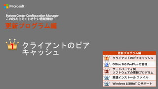 クライアントのピア
キャッシュ
System Center Configuration Manager
この秋おさえておきたい最新機能!
更新プログラム編
更新プログラム編
クライアントのピアキャッシュ
Office 365 ProPlus の管理
サードパーティ製
ソフトウェアの更新プログラム
高速インストール ファイル
Windows LEDBAT のサポート
 