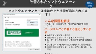 改善されたソフトウェアセン
ター
こんな課題を解決
社内ユーザー向けにソフトウェアカタログを展開
したい！
SCCM
1802
バージョンごとに着々と進化していま
す
 カスタマイズがより柔軟に
 複数のアプリケーションをインストールも
 ユーザーからの要求に対して承認するプロセスの追
加
 ソフトウェア センターのメンテナンス期間の表示
 承認失効時にアプリケーションをアンインストール
可能
 