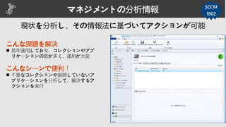 マネジメントの分析情報
こんな課題を解決
 長年運用しており、コレクションやアプ
リケーションの数が多く、運用が大変
こんなシーンで便利！
 不要なコレクションや展開していないア
プリケーションを分析して、解決するア
クションを実行
SCCM
1802
 