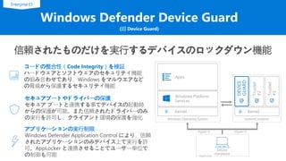 Windows Defender Device Guard
(旧 Device Guard)
アプリケーションの実行制限
Windows Defender Application Control により、信頼
されたアプリケーションのみデバイス上で実行を許
可。AppLocker と連携させることでユーザー単位で
の制御も可能
信頼されたものだけを実行するデバイスのロックダウン機能
Kernel
Windows Platform
Services
Apps
Kernel
SystemContainer
DEVICE
GUARD
Trustlet
#2
Trustlet
#3
Hypervisor
Device
Hardware
Windows Operating System
Hyper-VHyper-V
コードの整合性（Code Integrity）を検証
ハードウェアとソフトウェアのセキュリティ機能
の組み合わせであり、Windows をマルウエアなど
の脅威から保護するセキュリティ機能
セキュアブートやドライバーの保護
セキュア ブートと連携する事でデバイスの起動時
からの保護が可能。また信頼されたドライバーのみ
の実行を許可し、クライアント環境の保護を強化
Enterprise E3
 
