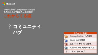 コミュニティ
ハブ
System Center Configuration Manager
この秋おさえておきたい最新機能!
これからくる編
？
これからくる編
Desktop Analytics との連携
Device Guard 管理
拡張 HTTP サイトシステム
AutoPilot のタスクシーケンス
コミュニティ ハブ？
 
