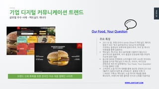 PAGE29
WWW.JUNYCAP.COM
기업 디지털 커뮤니케이션 트렌드
글로벌 우수 사례 – 맥도날드 캐나다
 2011년 말, 유명 요리사 Jamie Oliver가 맥도널드 패티의
원료가 되는 ‘핑크 슬라임(Pink Slime)’의 문제점을
지적하는 동영상이 유투브에 업로드하자, 미국 및 캐나다
언론들을 통해 집중보도
 맥도널드 캐나다는 핑크 슬라임을 사용하지 않는다고
공식적으로 발표하며, 자사 품질과 안정성에 대한 부정적
이슈에 정면 대응
 동시에 SNS와 연계하여 소비자들이 아주 사소한 것이라도
질문을 던지면 맥도널드가 텍스트, 이미지, 비디오로
콘텐츠로 제작 후 답변해주는 ‘Our Food, Your Quesiton’
디지털 캠페인 진행
 고객과의 소셜 미디어 대화를 통해 생산된 콘텐츠(2013년
3월까지 질문과 답변 총 2만482건, 동영상 조회 수
1,400만 기록)는 맥도널드 소셜 미디어 채널을 통해
확산되어, 브랜드에 대한 올바른 인식과 신뢰를 이끌어냄
주요 특징
브랜드 신뢰 회복을 위한 온라인 이슈 대응 캠페인 사이트
Our Food, Your Question
 