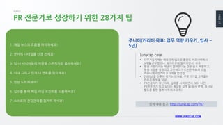PAGE37
WWW.JUNYCAP.COM
PR 전문가로 성장하기 위한 28가지 팁
 대우자동차에선 해외 인턴십으로 폴란드 바르샤바에서
9개월 근무했으나. 워크아웃에 들어가면서, 귀국.
 평생 직장이라는 개념이 없어진다는 것을 몸소 체험하고,
평생 직업을 갖겠다고 고민하다가 IT전문PR회사 드림
커뮤니케이션즈에 또 3개월 인턴쉽
 2000년을 전후의 시기는 벤처붐, 주로 IT기업 고객들의
언론관계PR을 담당
 PR전공자가 아닌지라, 실무를 시작하면서, 보다 나은
PR전문가가 되고 싶다는 욕심을 갖게 됨(원서 번역, 홍사모
활동을 통한 업계 네트워크 강화)
Junycap case
1. 매일 뉴스의 흐름을 파악하세요!
2. 문서의 디테일을 신경 쓰세요!
3. 팀 내 시니어들의 역량을 스폰지처럼 흡수하세요!
4. 사내 그리고 업계 내 멘토를 찾으세요!
5. 항상 노트하세요!
6. 실수를 통해 핵심 러닝 포인트를 도출하세요!
7. 스스로의 건강관리를 철저히 하세요!
주니어(커리어 목표: 업무 역량 키우기, 입사 ~
5년)
상세 내용 참고: http://junycap.com/707
 