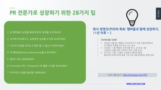 PAGE39
WWW.JUNYCAP.COM
PR 전문가로 성장하기 위한 28가지 팁
 2008년 9월 말, 에델만 코리아에서 IT 부문 언론관계PR과
디지털PR 부문을 리드하는 이사 승진
 2009년 11월 에델만 코리아를 떠나, 2010년 1월
소셜링크 설립(3명 시작해서 최대 16명 규모)
 2012년 11월, 12명의 소셜링크 멤버와 함께,
웨버샌드윅코리아로 합류, 2014년 5월 현재에도 함께 성장
Junycap case
1. 팀 멤버들의 성장을 통해 본인의 성장을 도모하세요!
2. 숫자에 익숙해지고, 실제적인 성과를 수치로 보여주세요!
3. 자신이 무엇을 모르는지 혹은 할 수 없는지 파악하세요!
4. 역 멘토링(Reverse Mentoring)를 도모하세요!
5. 말하기 보다 경청하세요!
6. Promotion PR + Protection PR 통합 시각을 제시하세요!
7. 미디어의 수렴화 현상을 이해하세요!
회사 경영진(커리어 목표: 멤버들과 함께 성장하기,
11년 이후 ~ )
상세 내용 참고: http://junycap.com/707
 