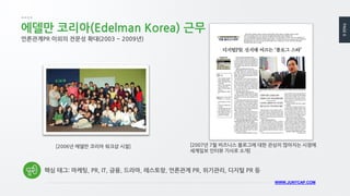 PAGE6
WWW.JUNYCAP.COM
[2006년 에델만 코리아 워크샵 시절]
에델만 코리아(Edelman Korea) 근무
언론관계PR 이외의 전문성 확대(2003 ~ 2009년)
[2007년 7월 비즈니스 블로그에 대한 관심이 많아지는 시점에
세계일보 인터뷰 기사로 소개]
핵심 태그: 마케팅, PR, IT, 금융, 드라마, 레스토랑, 언론관계 PR, 위기관리, 디지털 PR 등
 