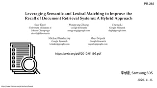 Leveraging Semantic and Lexical Matching to Improve the
Recall of Document Retrieval Systems: A Hybrid Approach
PR-285
https://www.flaticon.com/kr/authors/freepik
https://arxiv.org/pdf/2010.01195.pdf
 