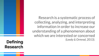 Research is a systematic process of
collecting, analyzing, and interpreting
information in order to increase our
understanding of a phenomenon about
which we are interested or concerned
(Leedy & Ormrod, 2013).
Defining
Research
 