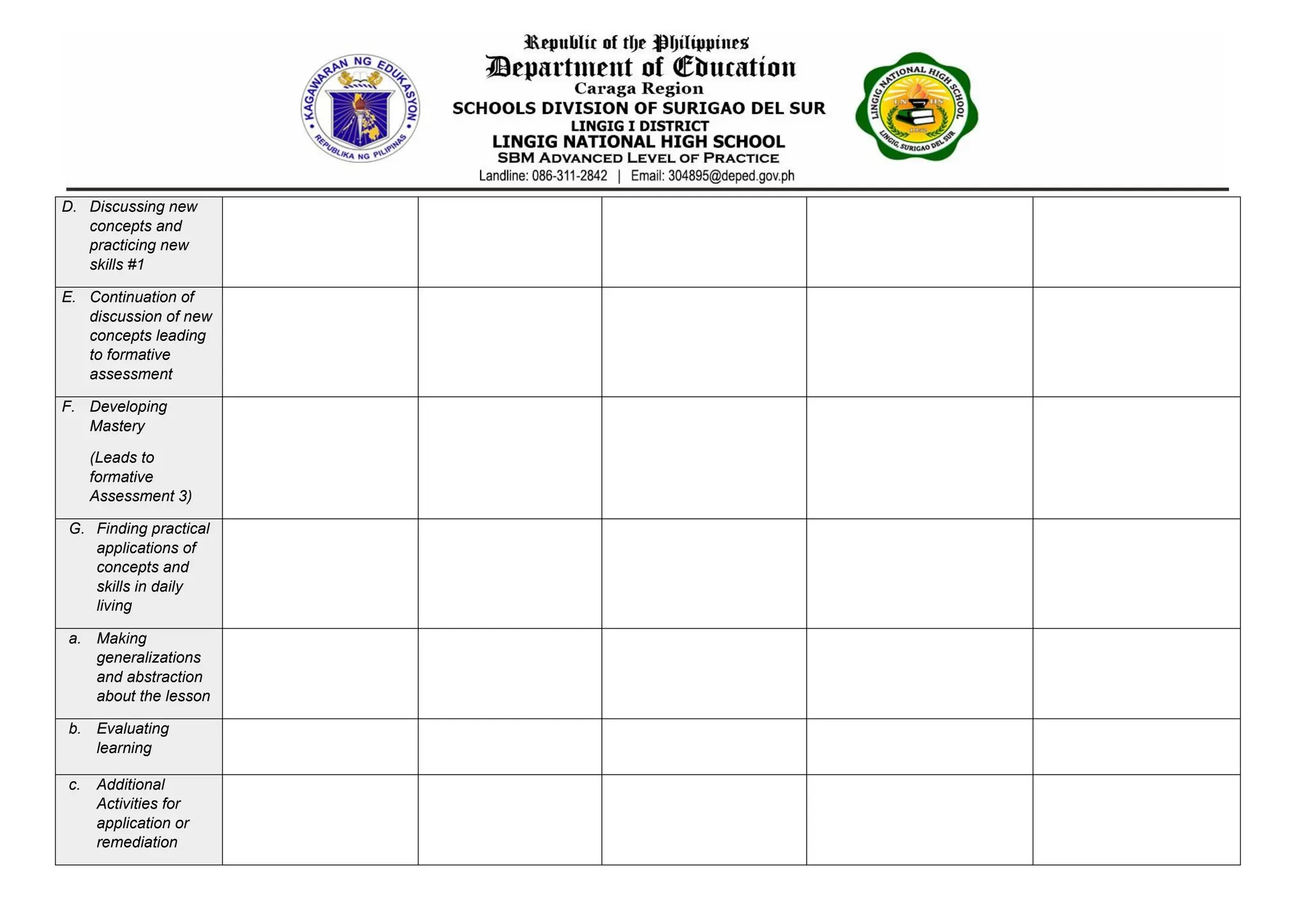 D. Discussing new
concepts and
practicing new
skills #1
E. Continuation of
discussion of new
concepts leading
to formative
assessment
F. Developing
Mastery
(Leads to
formative
Assessment 3)
G. Finding practical
applications of
concepts and
skills in daily
living
a. Making
generalizations
and abstraction
about the lesson
b. Evaluating
learning
c. Additional
Activities for
application or
remediation
 
