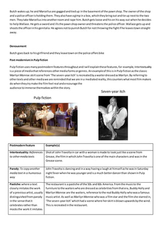 Butch wakesup; he and Marcellusare gaggedandtiedup inthe basementof the pawnshop.The ownerof the shop
and a police officerisholdingthem.Theyalsohave agimpina box,whichtheybringout andtie up nextto the two
men.Theytake Marcellusintoanotherroomand rape him.Butchgetsloose andhison hisway out whenhe decides
to helpWallace.He getsa swordand illsthe pawnshopownerandthreatensthe police officer.Wallace getsupand
shootsthe officerinhisgenitalia.He agreesnottopunishButchfor notthrowingthe fightif he leavestownstraight
away.
Denouement
Butch goesback to hisgirlfriendandtheyleavetownonthe police offersbike
Post modernismin Pulpfiction
PulpfictionusesmanypostmodernfeaturesthroughoutandIwill explainthesefeatures,for example,Intertextuality
isa piece of mediathatreferencesothermediaformsorgenres.Anexampleof thisisinPulpfictionasthe classic
MarilynMonroe skirt scene from‘The seven-yearitch’isrecreatedbyawaiterdressedasMarilyn.By referringto
othertextsandother mediawe are remindedthatwe are ina mediatedreality,thiscounterswhatmostfilmmakers
do whentheytrymake the filmfeel real andencourage the
audience toimmerse themselveswithinthe story.
Postmodernfeature Example(s)
Intertextuality:References
to othermedia texts
Shotof JohnTravoltain car witha womanismade to lookjustlike ascene from
Grease, the filminwhichJohnTravoltaisone of the main characters and wasin the
Grease scene.
Parody: To copy another
media text in a humorous
way
JohnTravoltais dancingand ina way havinga laughat himself ashe wasin Saturday
nightfeverwhenhe was youngerandisa much betterdancerthan showninPulp
fiction.
Pastiche:where a text
closelyimitatesthe work
of a previousartist,usually
distinguishedfromparody
inthe sense thatit
celebratesratherthan
mocksthe workit imitates.
The restaurantis a pastiche of the 50s and 60s America.Fromthe musicto the
furniture tothe waiterswhoare dressedascelebritiesfromthatera,BuddyHolly and
MarilynMonroe are the waiters,reference tothe real BuddyHolly whowasa famous
musicartist. As well as MarilynMonroe whowas a filmstar and the filmshe starredin,
‘The seven-yearitch’whichhada scene where herskirtisblownupwardsbythe wind.
Thisis recreatedinthe restaurant.
Pulp fiction
Seven-year itch
 