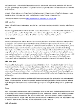 Pulpfictionfollowsanon-linearnarrative/circularnarrative andsubvertsbetweenlotsof differentmini stories.It
alsogoesagainstPropps theoryof theirbeingcertainrolesineverynarrative.Itishardto diverse whotakesonwhat
rolesinthisfilm.
It isquite difficulttodeterminethingslike the incitingincidentandrisingactionetc.inPulpfictionbecause ithasa
circularnarrative.Inthiscase, part of the incitingincidentisone of the lastscenesinthe film.
Chronological orderof Pulpfiction: https://www.youtube.com/watch?v=1I8C-0SQIbA
Act 1: Exposition
The start of the filmfeaturesayoungboywatchingTV,a mancomesin and tellshimastory aboutthe boy’sfather’s
watch and
how he smuggleditbackhome inhisrectum. We are alsoshowna man and a womanwhostart to rob a café. Also,
we are introducedto JulesWinnfield(SamLJackson) andVincentVega(JohnTravolta). Theyare ona jobfor their
bossMarcellus Wallace to geta briefcase.Theykill 2menandtake the thirdwiththem, Marvin
Incitingincident
VincentaccidentallyshootsandkillsMarvinin the car leavingthe carand themselvesfull of brainsandblood. They
go to a person calledtoJimmies (playedbythe directorQuentinTarantino) house whocalls Marcelluswhogets
someone whodealswiththisstuff tohelpthemout.ThismanisWinstone Wolfe.He getsridof the problem,cleans
themand the car upand sentthemon theirway.VincentandJulesgotoa diner,the same dinerthatisbeing
robbedbythe manand the woman.Theytry to rob Juleswhopullsagun onthem. He andVincentjustwantto leave
and give Marcellus the briefcase.Afteratense discussion, theyendupleavingthe dinerand takingthe briefcase to
Marcellus Wallace whoisina meetingwithamancalledButch,a fighterwhohappenstobe the boygiventhe watch
inthe exposition,Wallace wantsButchtothrow the fight.VincentandJulesarrive andgive himthe briefcase.
VincentistoldtokeepMia Wallace (Marcellus’swife)companyandtake herout while he isawayforthe night.
Act 2: Rising action
VincentandMia Wallace gotto a restaurantcalledJackRabbitSlimsthatisa throwbackto the 50s withthe likesof
BuddyHollyandMarilyn Monroe as waiters.Theygetalongandperformina dance competitioninthe restaurant
and win.After,theygobackto Marcellusand Mia’s house.While Vincentisinthe toilet,MiafindsVincent’sHeroin
and mistakesitforcocaine.He comesback fromthe toiletandfindsMiahas overdosed.Vincenthurriedlydrivesto
hisdealers’ house withMiaandtheygive hera shot of adrenaline whichbringsherback.Theybothpromise notto
tell Marcellus.
Next,the filmdivertstoButchagainas he is escapingfroma building.Insteadof throwingthe fight,he hasknocked
out andkilledhisopponent.He meetshisgirlfriendata motel where theyspendthe night.Butchrealisesthe next
day that hisgirlfriendforgothiswatchandso eventhoughpeople are lookingforhim, he goestohisapartmentto
getit.
Climax
Butch findshiswatchinhisapartmentbut isalso spota gun on the counterwhile alsohearingthe toiletflush.Butch
picksup the gun andas a man (Vincent)emergesfromthe toilet,Butchshootshimdead. Butchleavestogoback to
hisgirlfriend.However,onthe wayhe seesMarcellusinthe street.MarcellusseesButchaswell; Butchrunshim
overand crashesthe car. He gets outof the car andstarts to run away andMarcelluschaseshim.Theyfightandend
up ina pawn shop.The man behindthe counterknocksthemoutwitha shotgun.
Act 3: Fallingaction
 