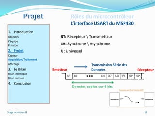 Rôles du microcontrôleur
                                    L’interface USART du MSP430
1. Introduction
Objectifs                    RT: Récepteur  Transmetteur
L’équipe
Principe                     SA: Synchrone  Asynchrone
2. Projet                    U: Universel
Capteur
Acquisition/Traitement
Affichage                                      Transmission Série des
3. Le Bilan              Emetteur              Données                  Récepteur
Bilan technique
Bilan humain
4. Conclusion
                                    Données codées sur 8 bits




Stage technicien I3                                                         16
 