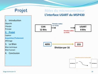Rôles du microcontrôleur
                                L’interface USART du MSP430
   1. Introduction
   Objectifs                            Données codées
                                        sur 12 bits
   L’équipe                  CAN                                            USART
   Principe                 12 Bits                                         8 Bits
                                                         Données codées
   2. Projet                                             sur 8 bits
   Capteur
   Acquisition/Traitement
   Affichage
   3. Le Bilan                   4095                                     255
   Bilan technique                         Division par 16
   Bilan humain
   4. Conclusion




Stage technicien I3                                                                  18
 