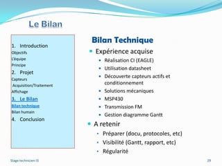 Bilan Technique
1. Introduction
Objectifs                 Expérience acquise
L’équipe                     Réalisation CI (EAGLE)
Principe
                             Utilisation datasheet
2. Projet
                             Découverte capteurs actifs et
Capteurs
Acquisition/Traitement
                                conditionnement
Affichage                      Solutions mécaniques
3. Le Bilan                    MSP430
Bilan technique                Transmission FM
Bilan humain
                               Gestion diagramme Gantt
4. Conclusion
                          A retenir
                            • Préparer (docu, protocoles, etc)
                            • Visibilité (Gantt, rapport, etc)
                            • Régularité
Stage technicien I3                                              29
 