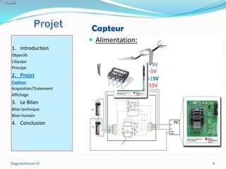 Capteur
                          Alimentation:
1. Introduction
Objectifs
L’équipe
                                            +5V
Principe
                                            -5V
2. Projet
                                           +15V
                                              3V
Capteur
Acquisition/Traitement
                                           -15V
Affichage
3. Le Bilan
Bilan technique
Bilan humain
4. Conclusion




Stage technicien I3                                9
 