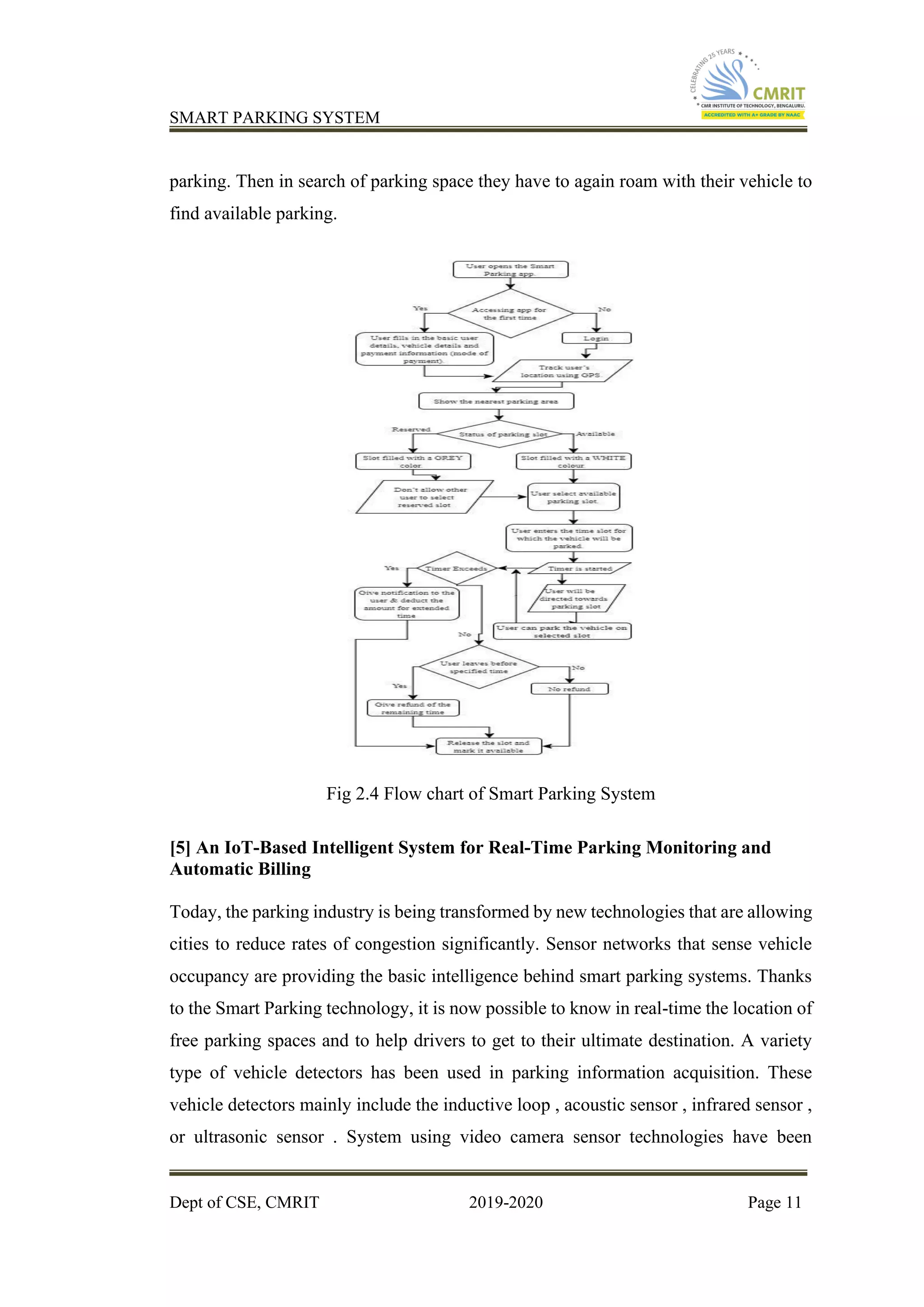 SMART PARKING SYSTEM
Dept of CSE, CMRIT 2019-2020 Page 11
parking. Then in search of parking space they have to again roam with their vehicle to
find available parking.
Fig 2.4 Flow chart of Smart Parking System
[5] An IoT-Based Intelligent System for Real-Time Parking Monitoring and
Automatic Billing
Today, the parking industry is being transformed by new technologies that are allowing
cities to reduce rates of congestion significantly. Sensor networks that sense vehicle
occupancy are providing the basic intelligence behind smart parking systems. Thanks
to the Smart Parking technology, it is now possible to know in real-time the location of
free parking spaces and to help drivers to get to their ultimate destination. A variety
type of vehicle detectors has been used in parking information acquisition. These
vehicle detectors mainly include the inductive loop , acoustic sensor , infrared sensor ,
or ultrasonic sensor . System using video camera sensor technologies have been
 