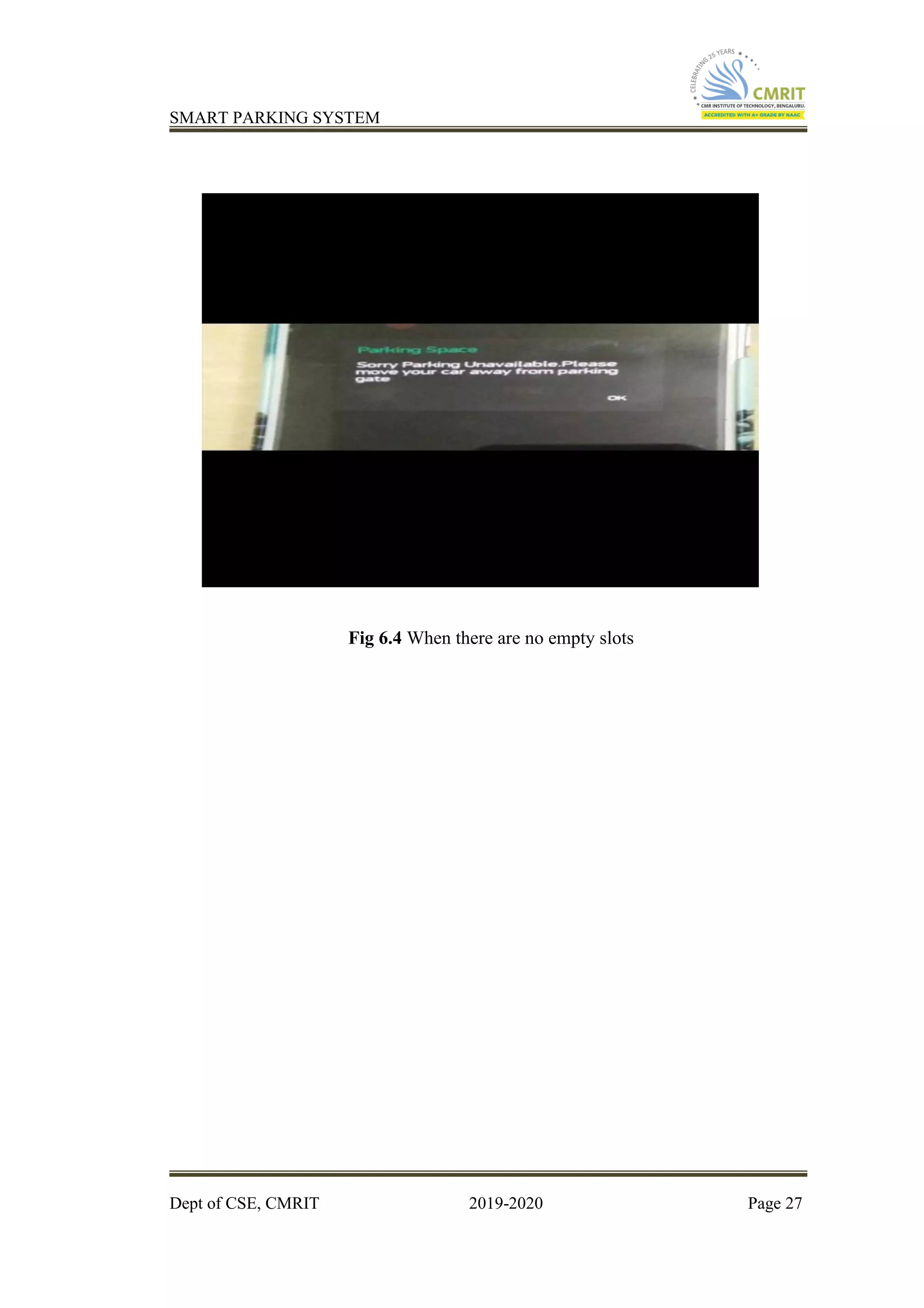 SMART PARKING SYSTEM
Dept of CSE, CMRIT 2019-2020 Page 27
Fig 6.4 When there are no empty slots
 