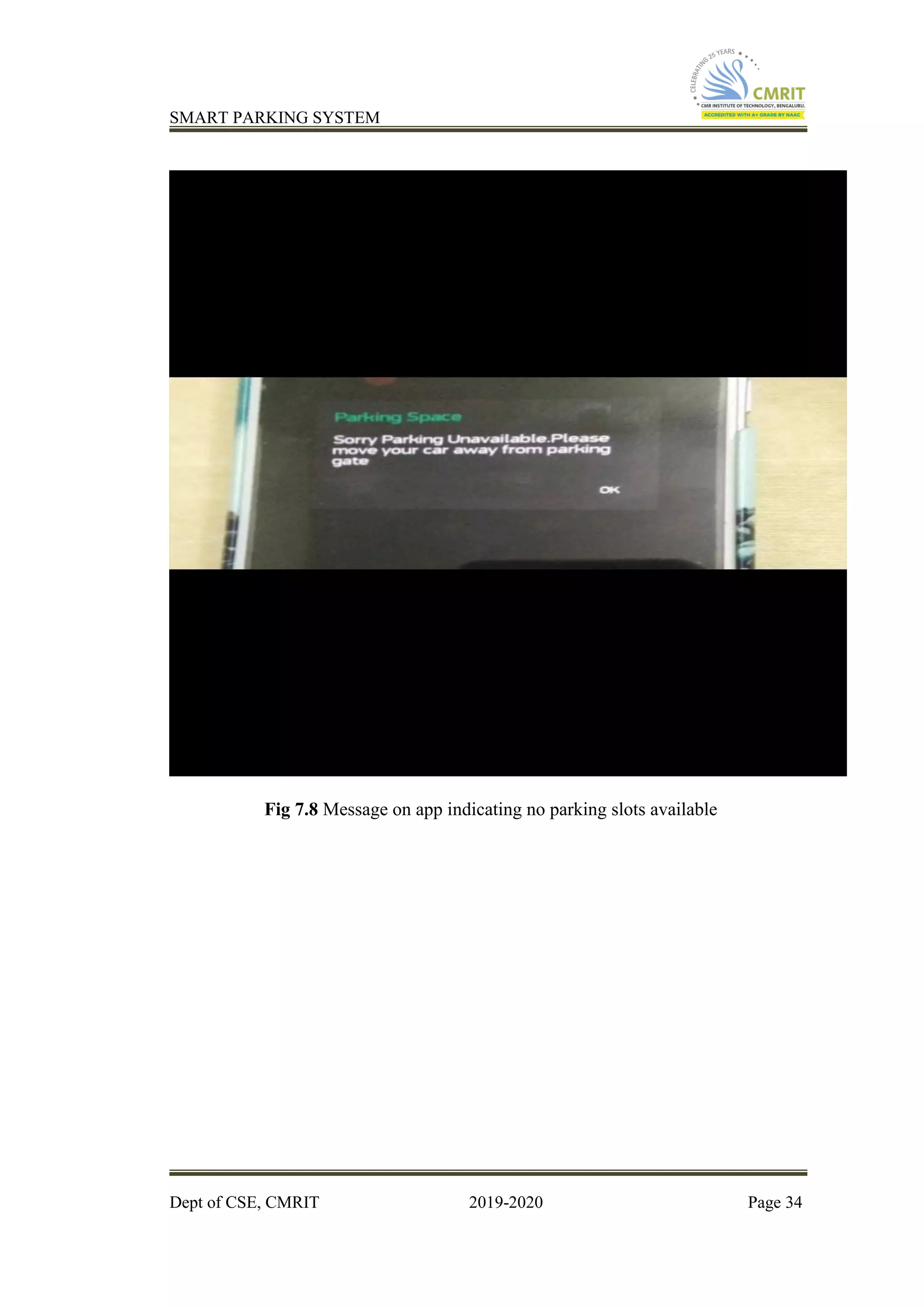 SMART PARKING SYSTEM
Dept of CSE, CMRIT 2019-2020 Page 34
Fig 7.8 Message on app indicating no parking slots available
 