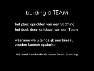 building  a TEAM het plan: oprichten van een Stichting het doel: doen ontstaan van een Team waarmee we uiteindelijk een bureau zouden kunnen opstarten het meest spraakmakende nieuwe bureau in wording 
