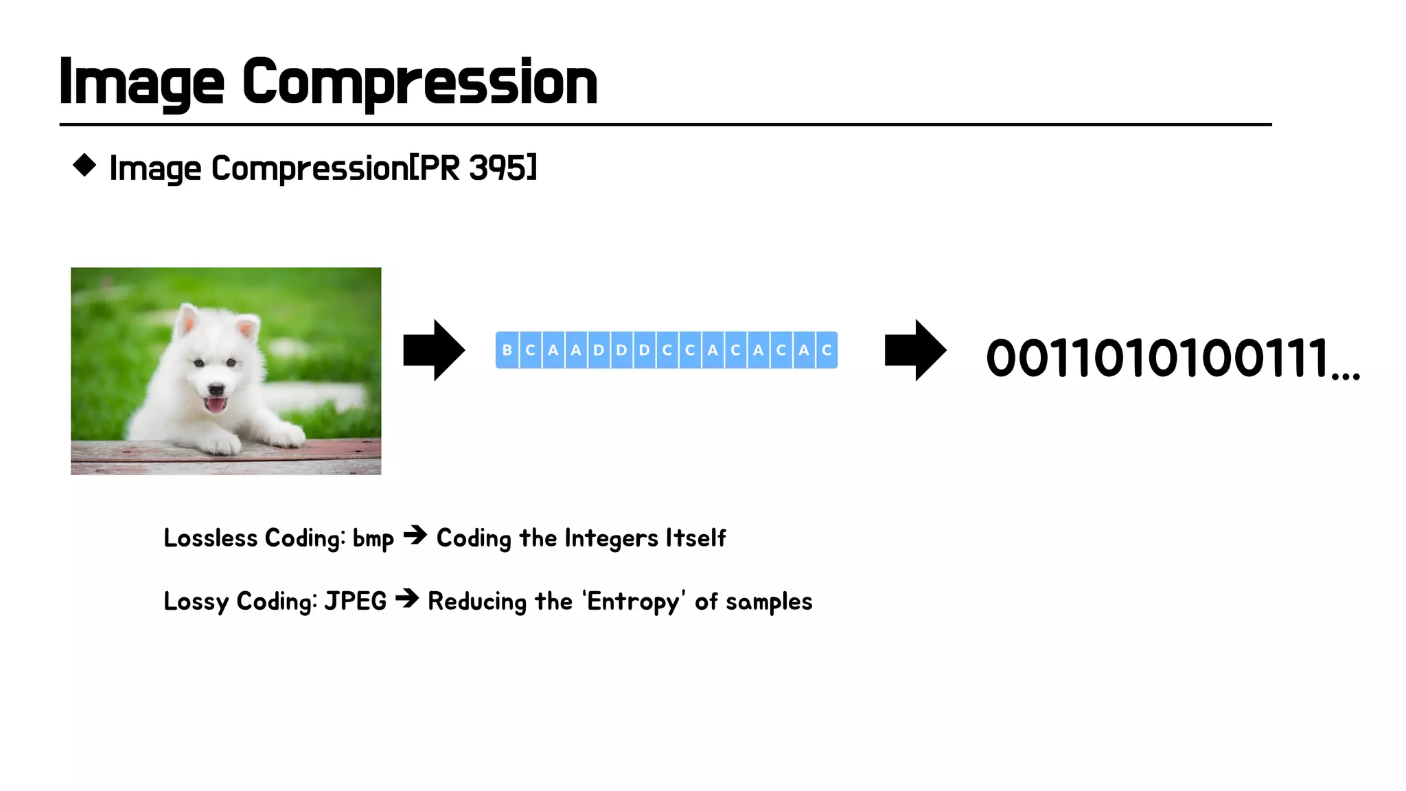 Image Compression
 Image Compression[PR 395]
0011010100111...
Lossless Coding: bmp  Coding the Integers Itself
Lossy Coding: JPEG  Reducing the ‘Entropy’ of samples
 