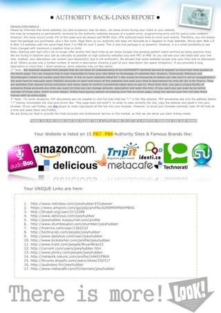 ● AUTHORITY BACK-LINKS REPORT ●
General Information’s
Please be informed that some websites (on rare occasions) may be down, can show errors during your check or your website
link may be temporary or permanently removed by the authority websites because of a system error, programming error and for policy/rules violation.
However, this issue occurs under 5% of the cases and we always add MORE than 10% authority back-links to cover such events. Therefore, you will always
have the package you purchased, plus a few more. Page Rank on our authority site does not fluctuate as it happens to most websites. We’ve seen Web 2.0
& Web 3.0 websites with the same Page Rank 7 or PR8 for over 5 years. This is why this package is so powerful. However, it is a small possibility to see
them changed with maximum a position drop or climb.
Note: Starting with April 2012 we no longer offer anchor text back-links as we notice Google now penalize perfect match anchors as being spammy links.
We are trying to backlink your site as naturally as possible on high authority websites only with PR7 or PR8. So you will see your site listed with your link
only. Instead, your description can contain your keyword(s) (but is not anchored!). Be advised that some websites accept only your links and no description
at all. Others accept only a limited number of words in description showing a part of your description (for space mitigation). If you provided a long
description or more than 1 short sentence, some websites may cut few words.
2nd Note: We received requests from people that do not have an understanding of our AUTHORITY backlink service & request to have their links posted on
the home page. You can imagine that is near impossible to have your site listed on homepage of websites like: Amazon, Technorati, Delicious and
Stumbleupon (where we usually post this links). A link on such websites listed for 1 day would be thousands of dollars per site (and is not an exaggeration).
We work hard to manually open UNIQUE accounts on each and every of this websites and post your links & descriptions for only $4 ($1 is for Fiverr). They
are websites that request phone activation and many steps to confirm (sometimes takes days to get it). More than that, you get a unique facility of
accessing those accounts any time you want (in time you can change pictures, description and even the link). If you want you can even be an active
member of those sites, which is even better. Unlike hard paying version on posting your link on home page, using our service your link will stay there
forever with no extra costs.
3rd Note: *In some situations, PDF documents are not capable to click full links that has *;* in the http address. PDF sometimes see only the address before
*;* (hence, incomplete link may give errors like: *the page does not exist*). In order to view correctly the link, copy the address and paste it into your
browser. If you use Firefox, use this plugin to mass copy/paste all the link into your browser. However, to avoid your browser overload, take 30-40 links at
a time and paste them into Firefox.
We are doing our best to provide the most accurate and professional service on the market, so that we can serve you back-linking needs.

                THANK YOU FOR USING OUR GIG! PLEASE TAKE A LITTLE TIME TO LET US A POSITIVE FEEDBACK FOR OUR WORK!




                  Your Website is listed on 15 PR7 - PR8 Authority Sites & Famous Brands like:




          Your UNIQUE Links are here:


          1.    http://www.netvibes.com/joeyhubber#Clubwear
          2.    https://www.amazon.com/gp/pdp/profile/A2KNMOMNIHPB4G
          3.    http://drupal.org/user/2112288
          4.    http://www.delicious.com/joeyhubber
          5.    http://joeyhubber.livejournal.com/profile
          6.    http://www.stumbleupon.com/stumbler/joeyhubber
          7.    http://freerice.com/user/1362232
          8.    http://technorati.com/people/joeyhubber
          9.    http://www.dailykos.com/user/joeyhubber
          10.   http://www.kickstarter.com/profile/joeyhubber
          11.   http://www.tripit.com/people/BryanBray22
          12.   http://current.com/users/joeyhubber.htm
          13.   http://www.plinky.com/people/joeyhubber
          14.   http://network.nature.com/profile/U4A91F86A
          15.   http://forums.shopify.com/users/show/250317
          16.   http://audioboo.fm/joeyhubber
          17.   http://www.metacafe.com/f/channels/joeyhubber
 
