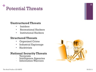 Potential Threats Unstructured Threats Insiders Recreational Hackers Institutional Hackers Structured Threats Organized Crime Industrial Espionage Hacktivists National Security Threats Terrorists Intelligence Agencies  Information Warriors 05/25/11 The Brief Profile of ID-SIRTII  