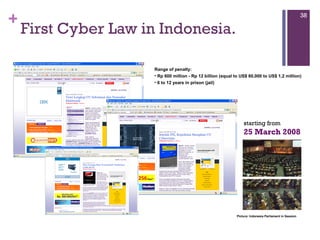 First Cyber Law in Indonesia. Range of penalty: Rp 600 million - Rp 12 billion (equal to US$ 60,000 to US$ 1,2 million) 6 to 12 years in prison (jail) starting from 25 March 2008 Picture: Indonesia Parliament in Session 
