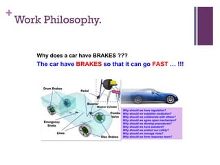 Work Philosophy. Why does a car have BRAKES ??? The car have  BRAKES  so that it can go  FAST  … !!! Why should we have regulation? Why should we establish institution? Why should we collaborate with others? Why should we agree upon mechanism? Why should we develop procedures?  Why should we have standard? Why should we protect our safety? Why should we manage risks? Why should we form response team? 
