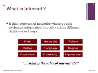 What is Internet ? A giant network of networks where people exchange information through various different digital-based ways: 05/25/11 The Brief Profile of ID-SIRTII  “…  what is the value of internet ???” Email Mailing List Website Chatting Newsgroup Blogging E-commerce E-marketing E-government 