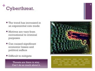 Cyberthreat. The trend has increased in an exponential rate mode Motives are vary from recreational to criminal purposes Can caused significant economic losses and political suffers Difficult to mitigate web defacement  information leakage  phishing  intrusion  Dos/DDoS SMTP relay  virus infection  hoax  malware distribution  botnet  open proxy root access  theft  sql injection  trojan horse  worms  password cracking spamming  malicious software  spoofing  blended attack Threats are there to stay. Can’t do so much about it. 