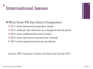 International Issues What Does FBI Say About Companies: 91% have detected employee abuse 70% indicate the Internet as a frequent attack point 64% have suffered financial losses 40% have detected attacks from outside 36% have reported security incidents Source: FBI Computer Crime and Security Survey 2001 05/25/11 The Brief Profile of ID-SIRTII  