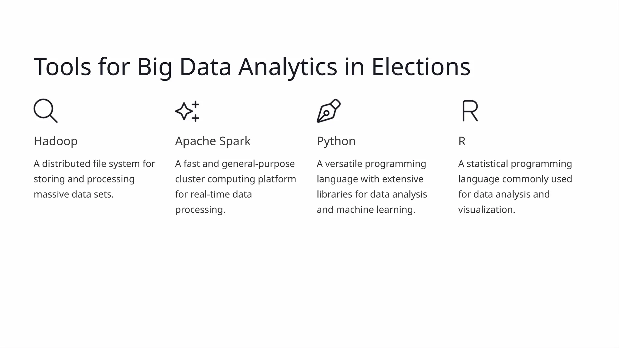 Tools for Big Data Analytics in Elections
Hadoop
A distributed file system for
storing and processing
massive data sets.
Apache Spark
A fast and general-purpose
cluster computing platform
for real-time data
processing.
Python
A versatile programming
language with extensive
libraries for data analysis
and machine learning.
R
A statistical programming
language commonly used
for data analysis and
visualization.
 