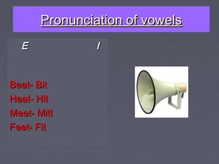 Pronunciation of vowelsPronunciation of vowels
EE II
Beat- BitBeat- Bit
Heat- HitHeat- Hit
Meet- MittMeet- Mitt
Feet- FitFeet- Fit
 