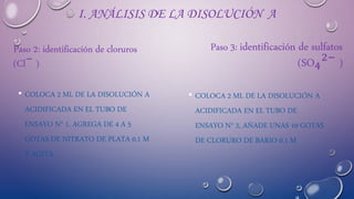 I. ANÁLISIS DE LA DISOLUCIÓN A
Paso 2: identificación de cloruros
(Cl−
)
• COLOCA 2 ML DE LA DISOLUCIÓN A
ACIDIFICADA EN EL TUBO DE
ENSAYO N° 1. AGREGA DE 4 A 5
GOTAS DE NITRATO DE PLATA 0.1 M
Y AGITA
Paso 3: identificación de sulfatos
(SO4
2−
)
• COLOCA 2 ML DE LA DISOLUCIÓN A
ACIDIFICADA EN EL TUBO DE
ENSAYO N° 2, AÑADE UNAS 10 GOTAS
DE CLORURO DE BARIO 0.1 M
 
