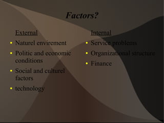 Factors?
External
● Naturel envirement
● Politic and economic
conditions
● Social and culturel
factors
● technology
Internal
● Service problems
● Organizational structure
● Finance