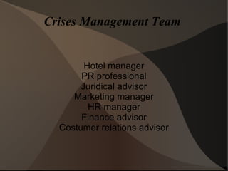 Crises Management Team
Hotel manager
PR professional
Juridical advisor
Marketing manager
HR manager
Finance advisor
Costumer relations advisor