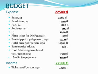BUDGET
 Ticket 150tl/person,x150 22500 tl
Expense 22500 tl
Income 22500 tl
 Buses, x4 2000 tl
 Bus drivers, x4 400 tl
 Fuel, x4 1200 tl
 Audio system 200 tl
 DJ 1000 tl
 Plane ticket for DJ (Pegasus) 100 tl
 Boat trip price 30tl/person, x150 4500 tl
 Hotel price 70tl/person, x150 10500 tl
 Banner price 5tl, x20 100 tl
 Food & beverages on board
*10tl/person,x150 1500 tl
• 1 Medic & equipment 1000 tl
 