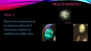 PROCEDIMIENTO
Paso 1:
Observar las características de
las sustancias utilizando el
microscopio y registra tus
resultados en la tabla anexa.
 