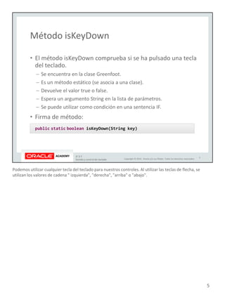 Podemos utilizar cualquier tecla del teclado para nuestros controles. Al utilizar las teclas de flecha, se
utilizan los valores de cadena " izquierda", "derecha", "arriba" o "abajo".
5
 