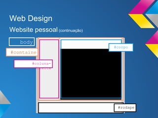 Web Design
Website pessoal (continuação)
    body
                                #corpo
#containe
        r
        #coluna-
         direita




                                 #rodape
 