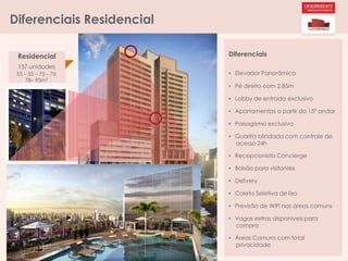 Diferenciais Residencial
Residencial
157 unidades
53 – 55 – 75 – 76
78– 93m²
Diferenciais
• Elevador Panorâmico
• Pé direito com 2,85m
• Lobby de entrada exclusivo
• Apartamentos a partir do 15º andar
• Paisagismo exclusivo
• Guarita blindada com controle de
acesso 24h
• Recepcionista Concierge
• Bolsão para visitantes
• Delivery
• Coleta Seletiva de lixo
• Previsão de WIFI nas áreas comuns
• Vagas extras disponíveis para
compra
• Áreas Comuns com total
privacidade
 