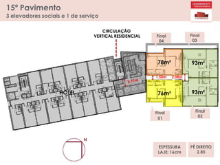 HOTEL
Final
04
78m²
Final
03
93m²
76m²
Final
01
93m²
Final
02
N
1,50m
15º Pavimento
3 elevadores sociais e 1 de serviço
CIRCULAÇÃO
VERTICAL RESIDENCIAL
2,08m
PÉ DIREITO
2.85
ESPESSURA
LAJE: 16cm
 