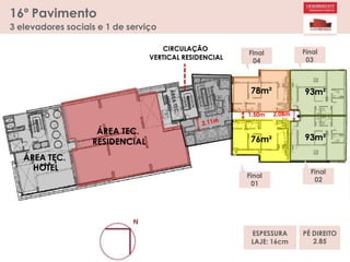 76m² 93m²
ÁREA TEC.
HOTEL
ÁREA TEC.
RESIDENCIAL
Final
04
78m²
Final
03
93m²
Final
01
Final
02
N
1,50m
16º Pavimento
3 elevadores sociais e 1 de serviço
CIRCULAÇÃO
VERTICAL RESIDENCIAL
2,08m
PÉ DIREITO
2.85
ESPESSURA
LAJE: 16cm
 
