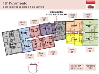 ÁREA TEC.
HOTEL
55 m²
53 m²
75 m²
18º Pavimento
3 elevadores sociais e 1 de serviço
Final
07
55 m²
Final
08
Final
06
Final
05
Final
04
78m²
Final
03
93m²
53 m²
Final
09
53 m²
Final
10
76m²
Final
01
93m²
Final
02
N
1,50m 2,08m
CIRCULAÇÃO
VERTICAL RESIDENCIAL
PÉ DIREITO
2.85
ESPESSURA
LAJE: 16cm
 