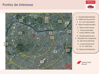 Pontos de Interesse
1. Hospital Albert Einstein
2. Palácio do Governo SP
3. Av. Luiz Carlos Berrini
4. Hípica Paulista Brooklin
5. Hípica Santo Amaro
6. Parque Burle Marx
7. Parque Alfredo Volpi
8. Shopping Ibirapuera
9. Aeroporto de Congonhas
10. São Paulo Golf Club
11. Joquei Clube de SP
12. Av. Faria Lima
13. Parque do Ibirapuera
1
2 7
11
12
3
4
13
8
9
10
5
6
3 km
5 km Terreno Henri
Dunant
 