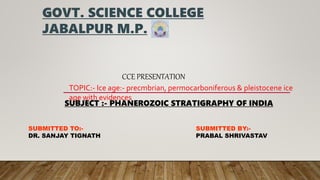 GOVT. SCIENCE COLLEGE
JABALPUR M.P.
TOPIC:- Ice age:- precmbrian, permocarboniferous & pleistocene ice
age with evidences
CCE PRESENTATION
SUBJECT :- PHANEROZOIC STRATIGRAPHY OF INDIA
SUBMITTED TO:-
DR. SANJAY TIGNATH
SUBMITTED BY:-
PRABAL SHRIVASTAV
 