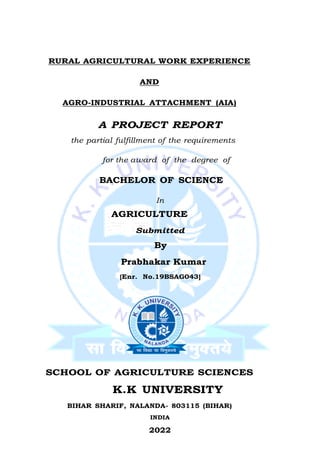RURAL AGRICULTURAL WORK EXPERIENCE
AND
AGRO-INDUSTRIAL ATTACHMENT (AIA)
A PROJECT REPORT
the partial fulfillment of the requirements
for the award of the degree of
BACHELOR OF SCIENCE
In
AGRICULTURE
Submitted
By
Prabhakar Kumar
[Enr. No.19BSAG043]
SCHOOL OF AGRICULTURE SCIENCES
K.K UNIVERSITY
BIHAR SHARIF, NALANDA- 803115 (BIHAR)
INDIA
2022
 