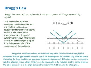 Two beams with identical
wavelength and phase approach
a crystalline solid and are
scattered off two different atoms
within it. The lower beam
traverses an extra length of
2dsinθ. Constructive interference
occurs when this length is equal
to an integer multiple of the
wavelength of the radiation.
Bragg’s Law
Bragg's law was used to explain the interference pattern of X-rays scattered by
crystals
 