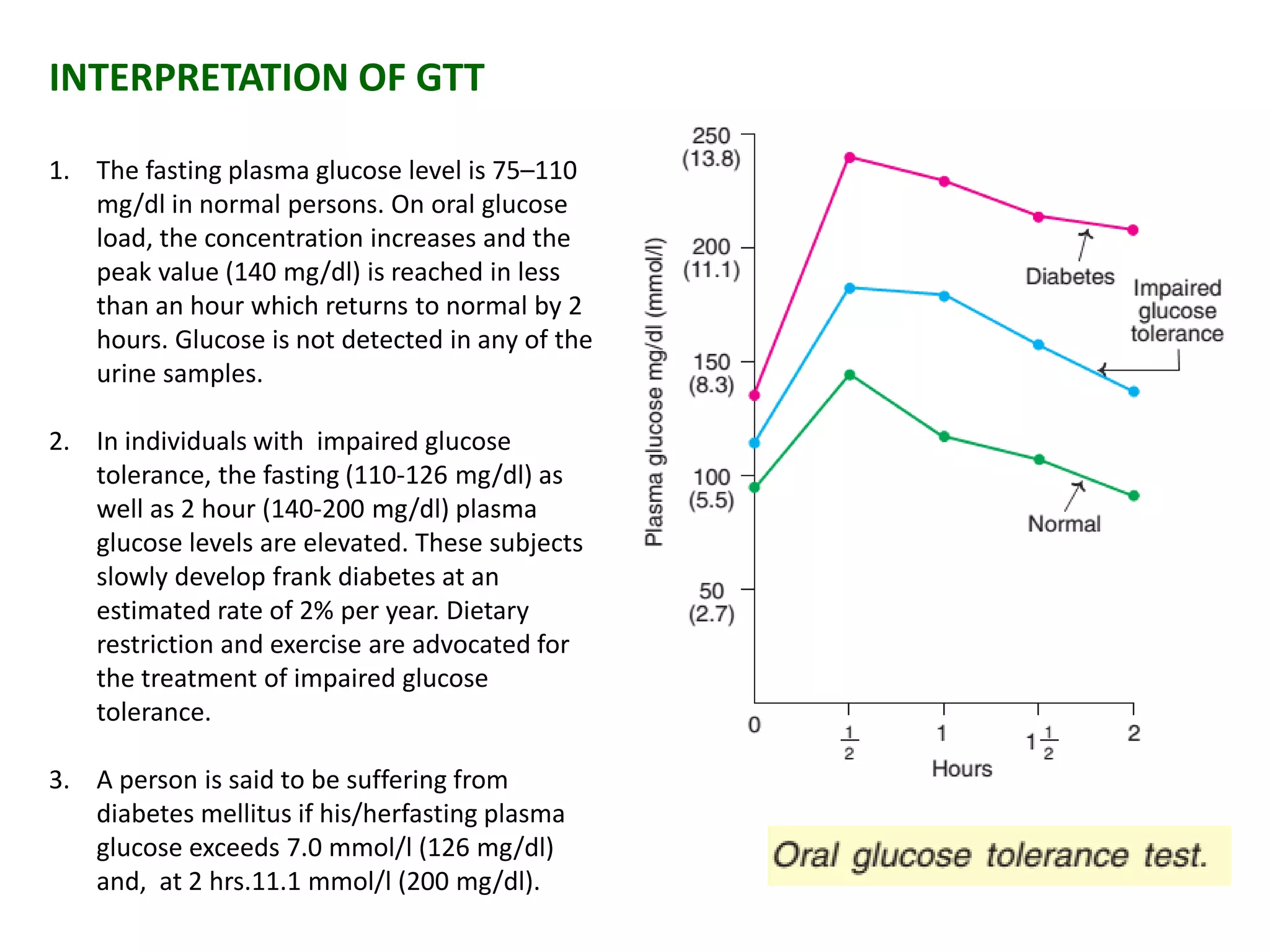 INTERPRETATION OF GTT
1. The fasting plasma glucose level is 75–110
mg/dl in normal persons. On oral glucose
load, the concentration increases and the
peak value (140 mg/dl) is reached in less
than an hour which returns to normal by 2
hours. Glucose is not detected in any of the
urine samples.
2. In individuals with impaired glucose
tolerance, the fasting (110-126 mg/dl) as
well as 2 hour (140-200 mg/dl) plasma
glucose levels are elevated. These subjects
slowly develop frank diabetes at an
estimated rate of 2% per year. Dietary
restriction and exercise are advocated for
the treatment of impaired glucose
tolerance.
3. A person is said to be suffering from
diabetes mellitus if his/herfasting plasma
glucose exceeds 7.0 mmol/l (126 mg/dl)
and, at 2 hrs.11.1 mmol/l (200 mg/dl).
 
