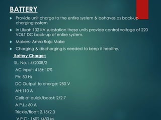 BATTERY 
 Provide unit charge to the entire system & behaves as back-up 
charging system 
 In Liluah 132 KV substation t...